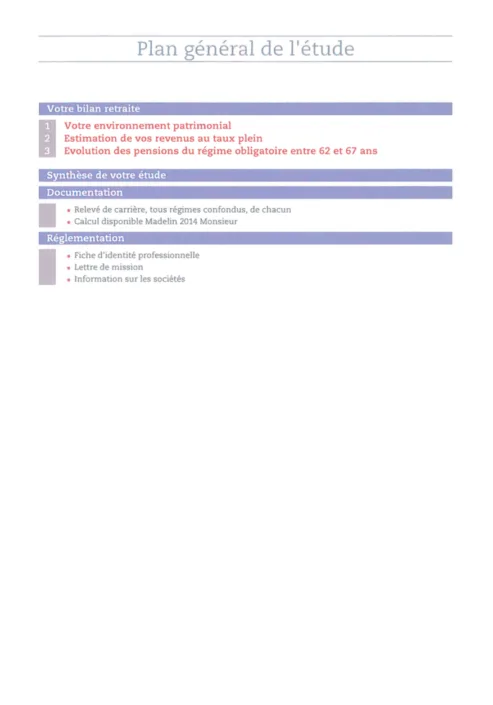 Page Plan général de l'étude : bilan retraite, documentation et réglementation