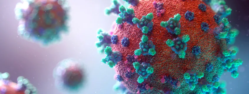 Illustration agrandie de virus rouges hérissés de pointes bleues et vertes
