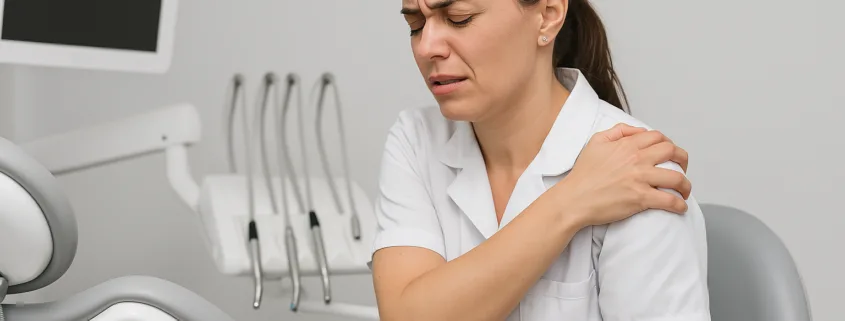 Soignante en blouse blanche, assise près d'un fauteuil dentaire, se tenant l'épaule avec une grimace de douleur